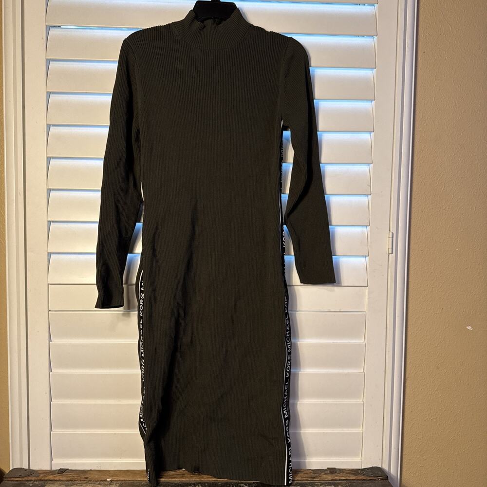 Michael Kors Green Ribbed Knit Logo Tape Mock Neck Bodycon Sweater Dress Size L